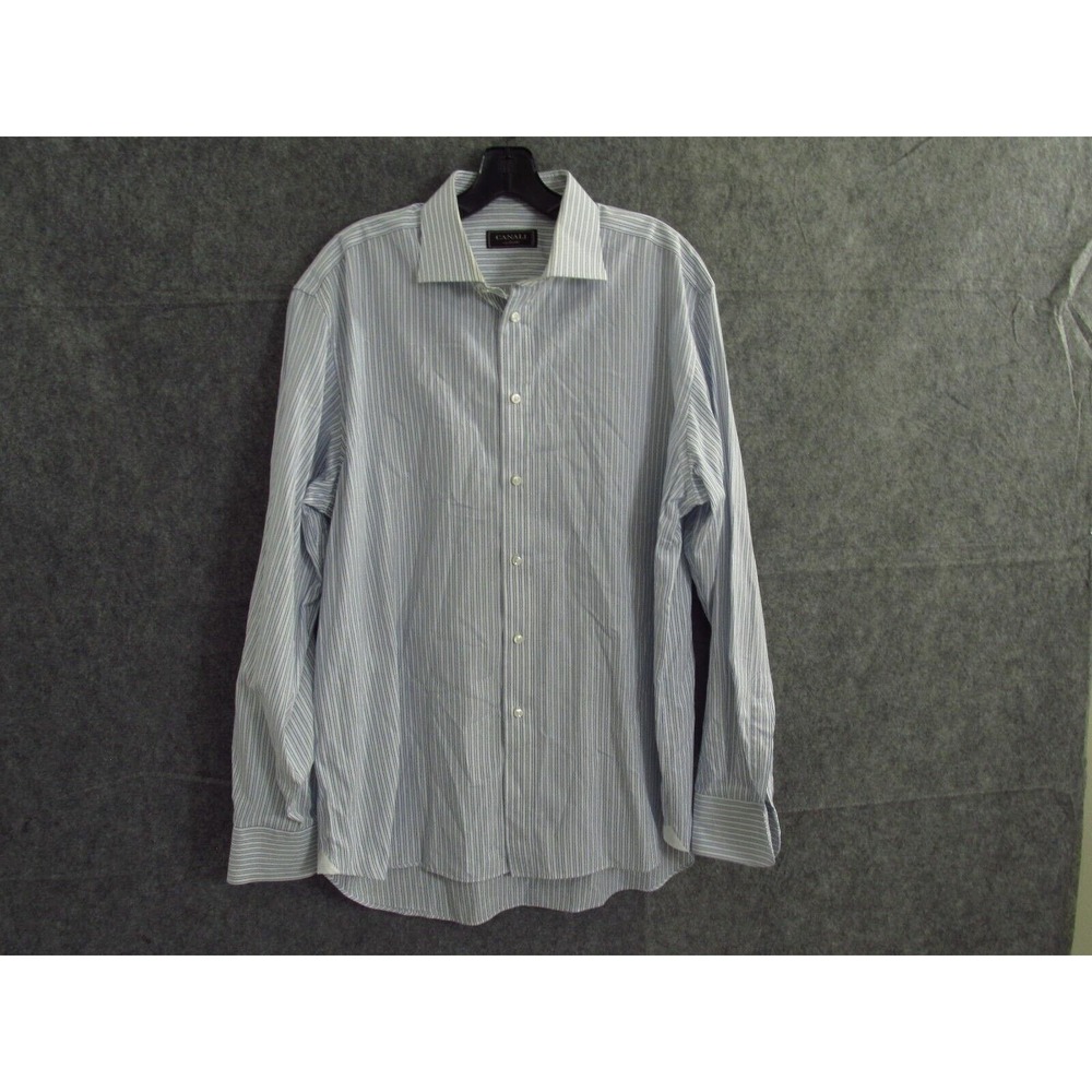 Canali Dress Shirt Mens Size 42 Check White Long Sleeve Button Up Cotton Striped